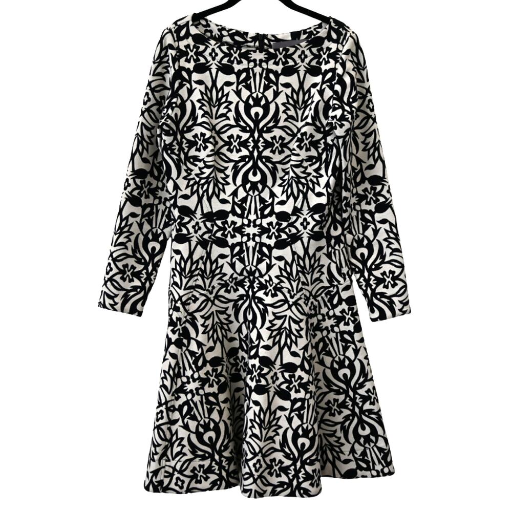 Lela Rose Off White Black Damask Woven Fit & Flare Dress Size 10
